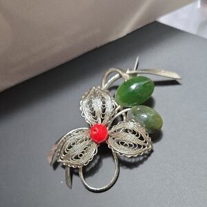 Vintage Silver and Green Jade Stone Like  Floral Brooch
